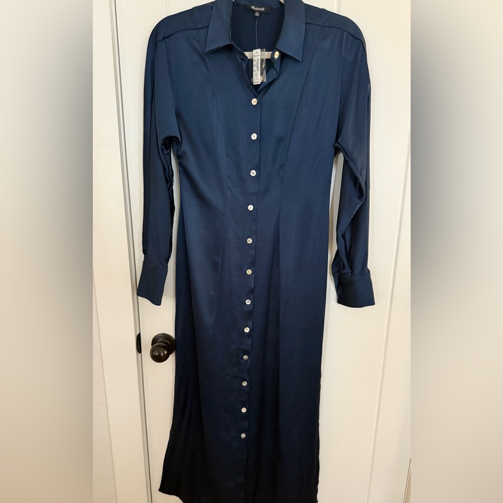 Madewell Midnight Blue Long Sleeve Silky Dress NWT